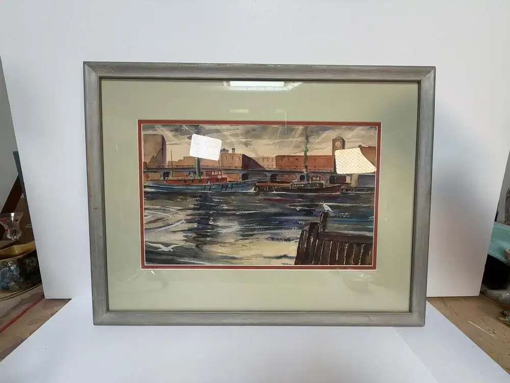 Vintage Watercolor Painting Bridgeport‎ Harbor by Henry E. Walsh